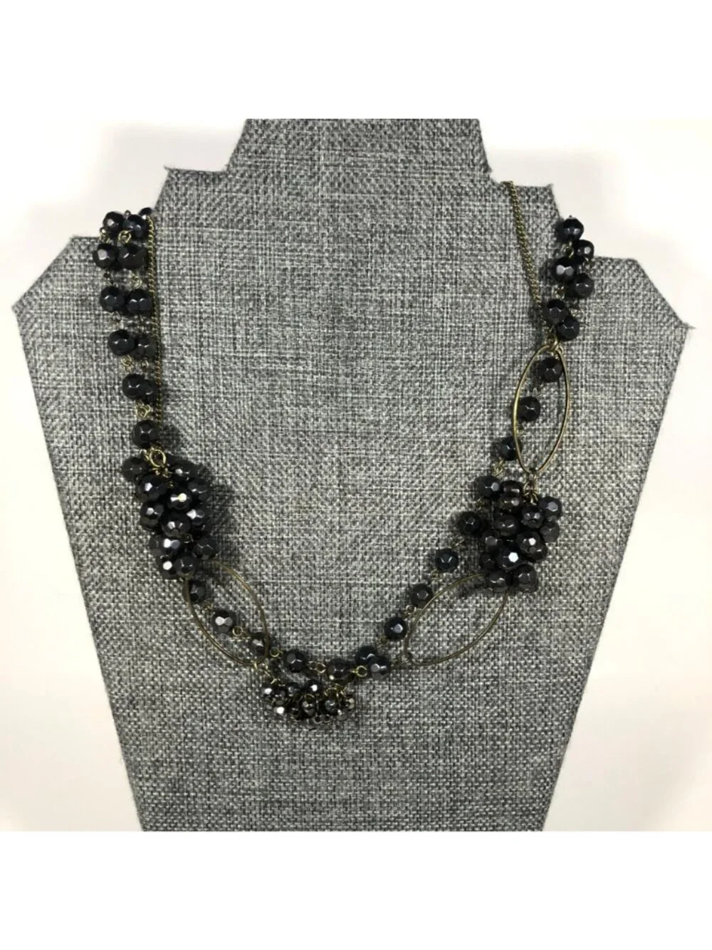 Black Faceted Bead Cluster Statement Necklace Long Antique Gold Tone 38 inch